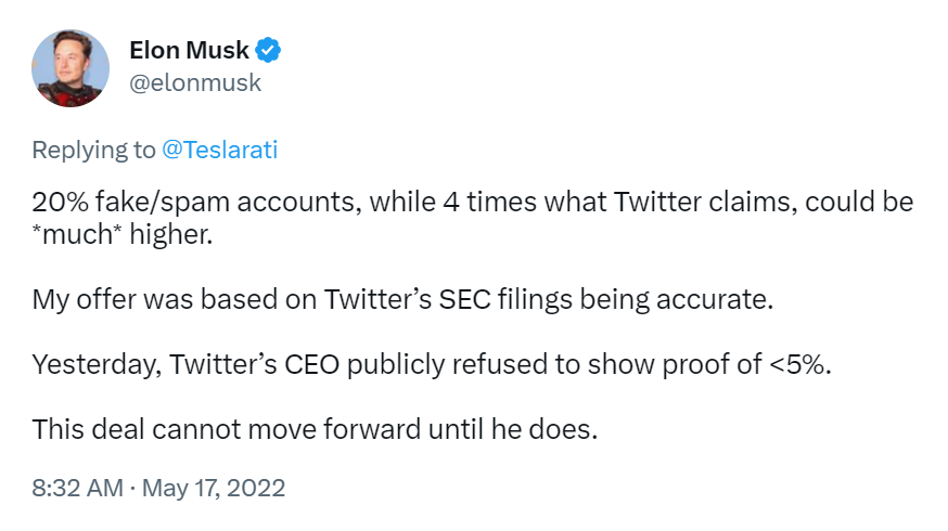 Elon Musk tweet, criticizing the number of fake/spam accounts on Twitter.