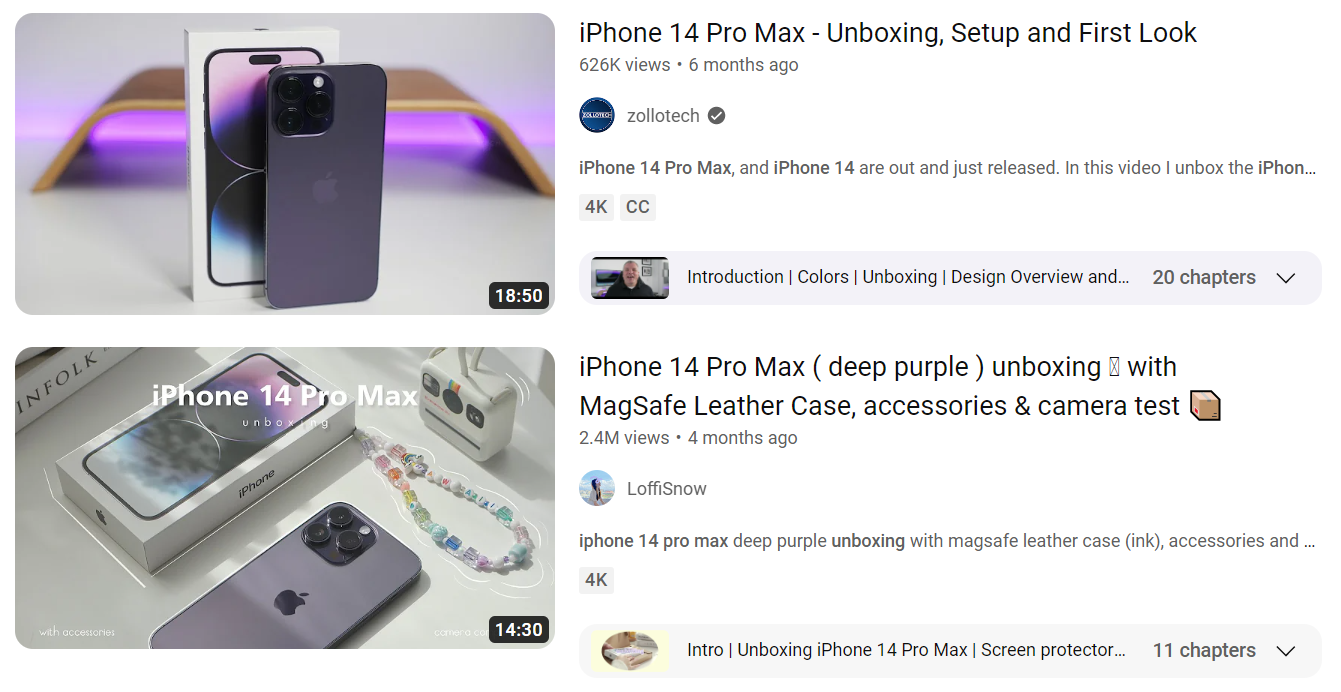 Videos on YouTube of iPhone 14 Pro Max unboxing