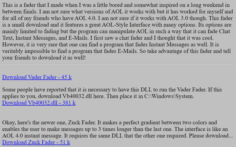 Screenshot from Mark Zuckerberg's old website describing the Vader Fader and Zuck Fader.