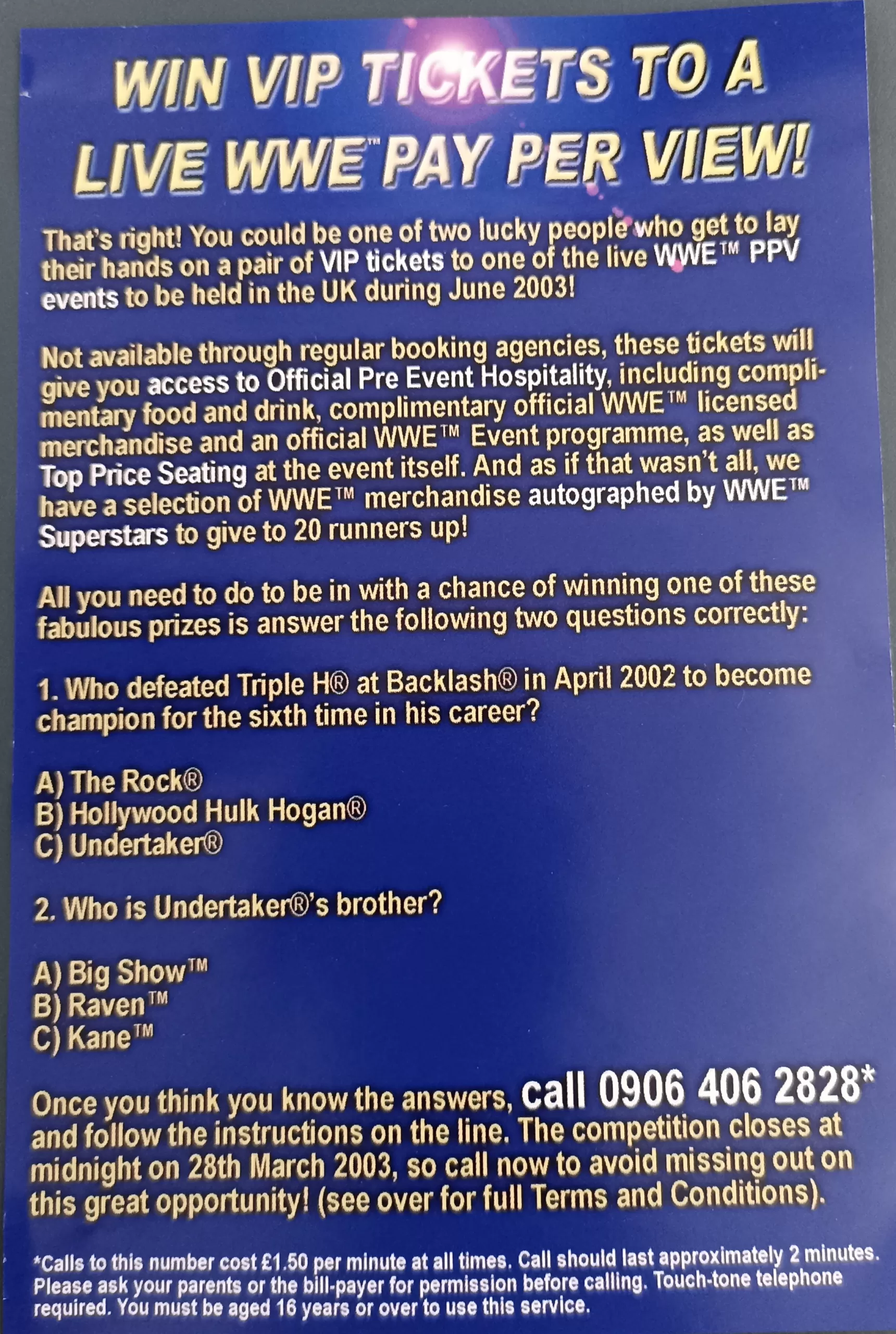 2003 WWE competition to win VIP tickets to PPV