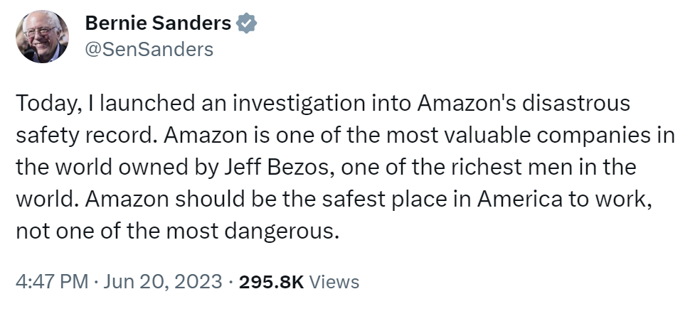 Bernie Sanders post on Twitter about launching an investigation into Amazon's disastrous safety record
