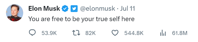 An Elon Musk tweet saying "You are free to be your true self here."