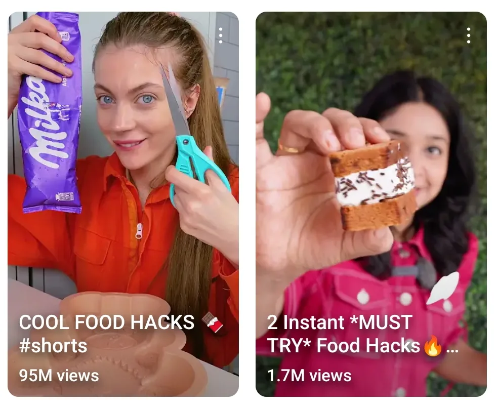 Screenshot of food hack videos that have received millions of views.
