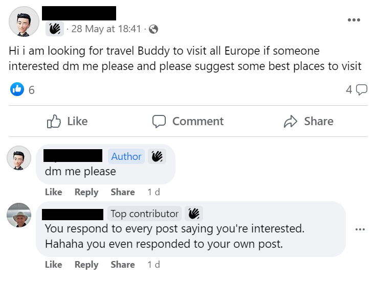 A user in a Facebook travel group replying to his own post.