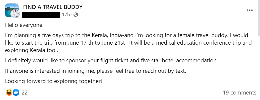 An individual on a Facebook travel group offering to pay for flights and accommodation