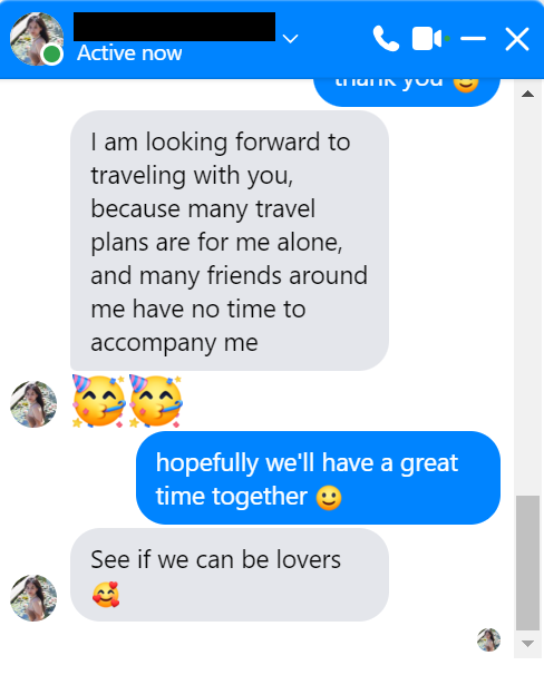 Message from a user on a Facebook travel group expressing the possibility of establishing a romance