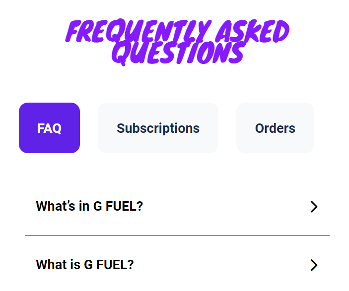 Screenshot of G Fuel FAQ page that asks "What's in G Fuel?" before "What is G Fuel?"
