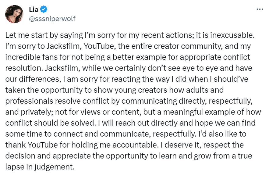 SSSniperwolf's apology to jacksfilms on X/Twitter.