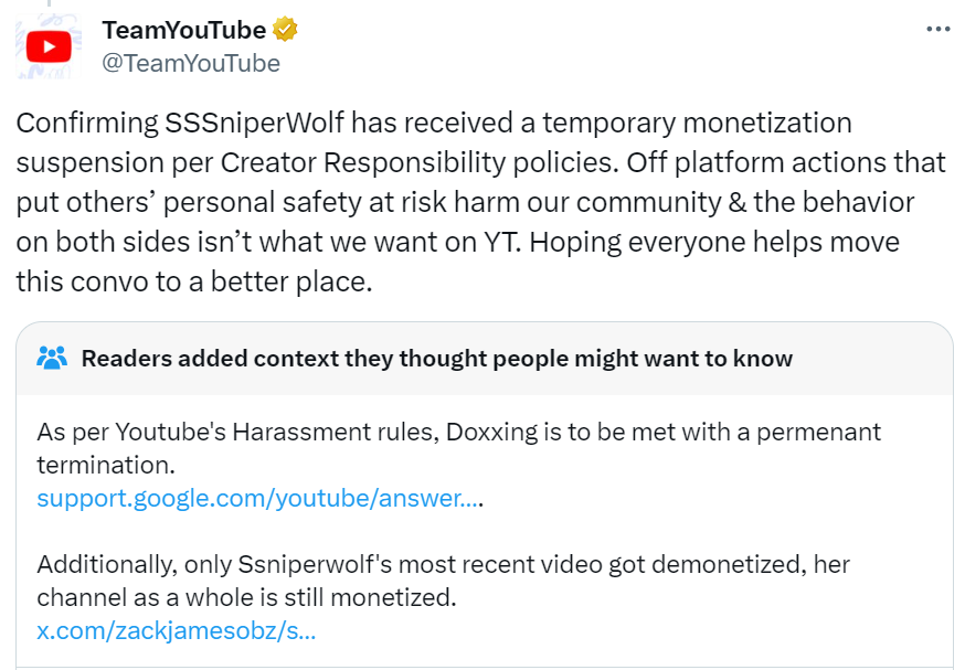 @TeamYouTube's response on X/Twitter to the SSSniperwolf doxxing situation.