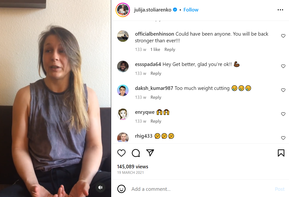 Julija Stoliarenko on Instagram, explaining why she fainted at the weigh in for UFC Vegas 22.