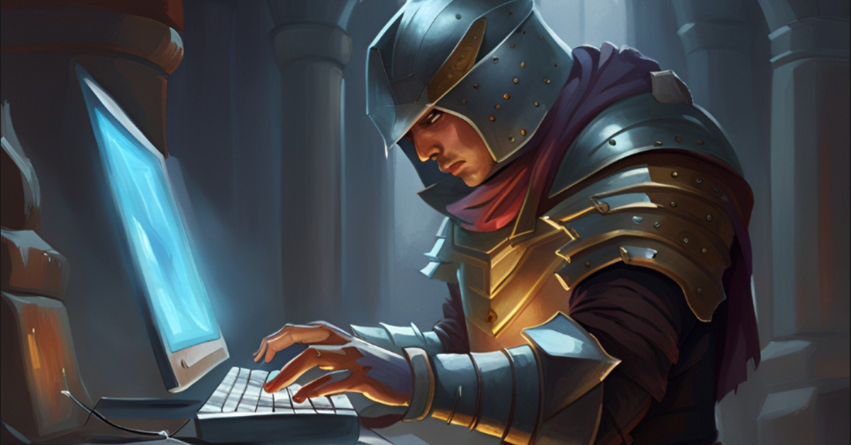 Keyboard warrior wearing medieval armour typing on a computer.