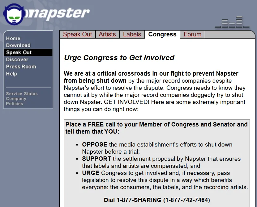 Napster - Urging users to contact Congress