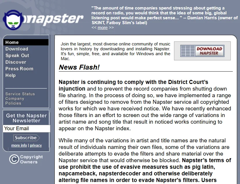 Napster homepage in 2001, detailing legal issues