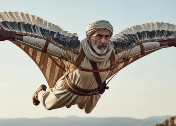 Ibn Firnas wearing his flight suit with feathers soaring in the sky